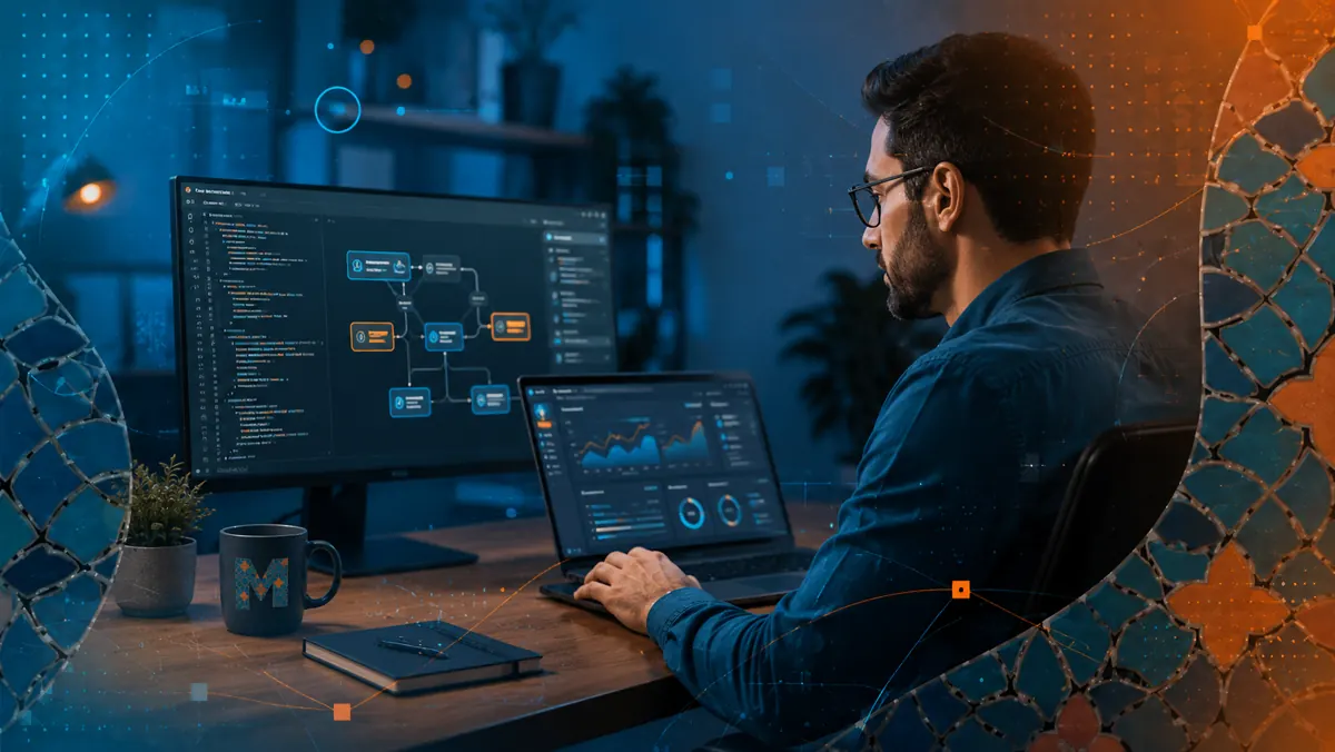 Operations professional reviewing an automated workflow at a computer