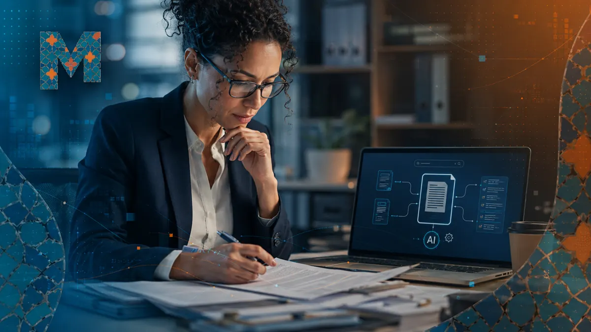 Professional reviewing documents with an AI-assisted workflow